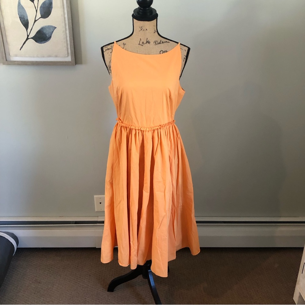 LOVE BONITO AYRIA PLEATED SLEEVELESS BOAT NECK BUTTERNUT ORANGE MIDI DRESS US8/L